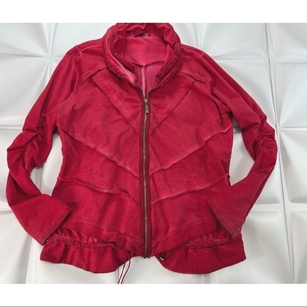 Yest Womens Sz 16 Red Ruched Ruffled Full Zip Jacket Tiered Grunge Marbled Chic